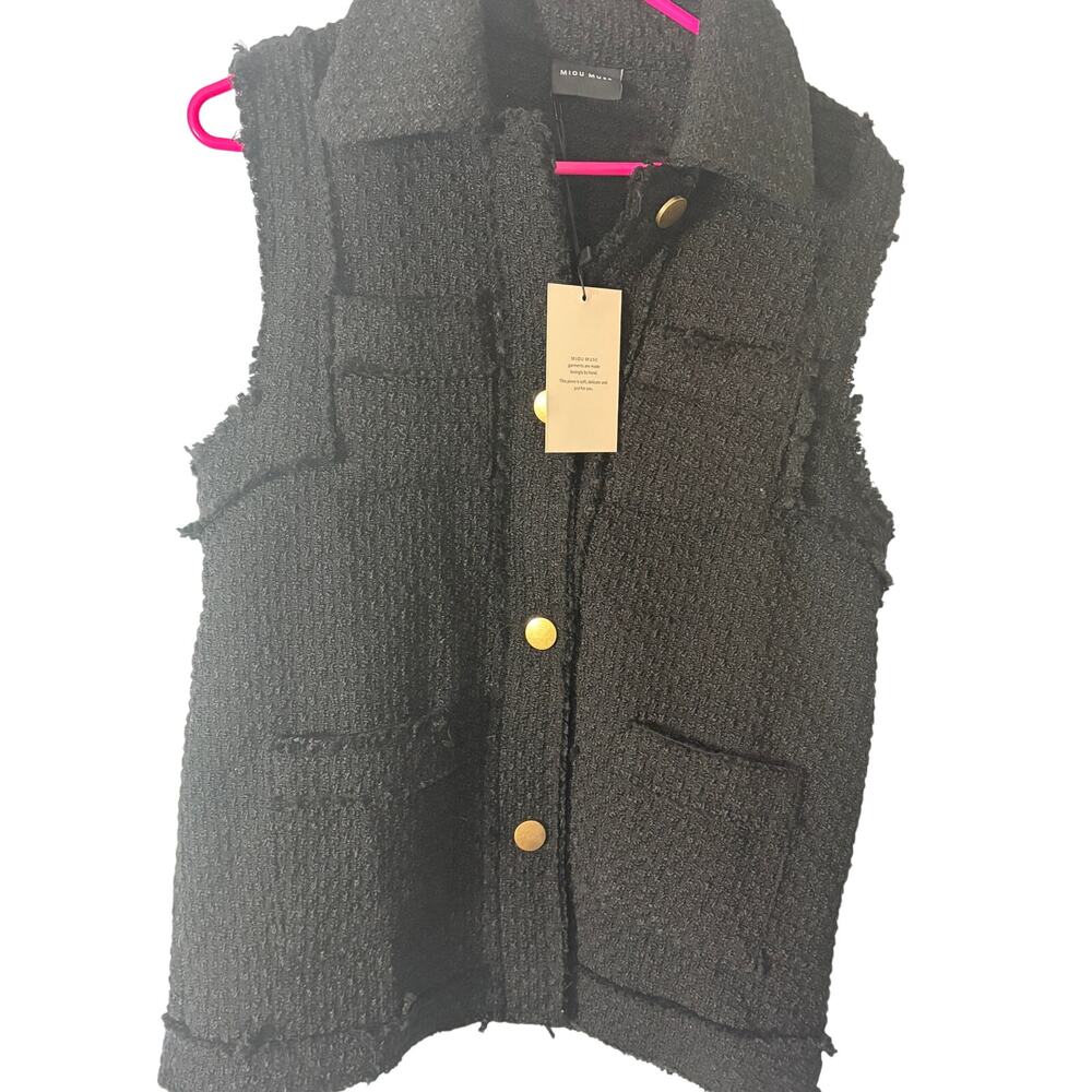 NWT Miou Muse Boucle Tweed Utility Vest Gold Snap Frayed Edge S Contemporary
